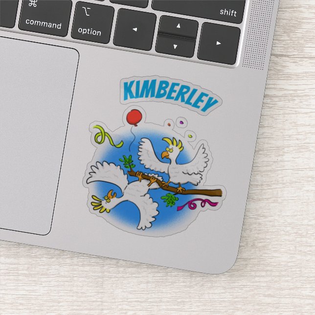 Cute funny cockatoo birds party cartoon sticker (Detail)