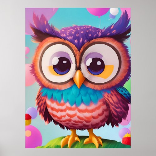 Cute Funny Colorful Comic Owl AI Art  Poster