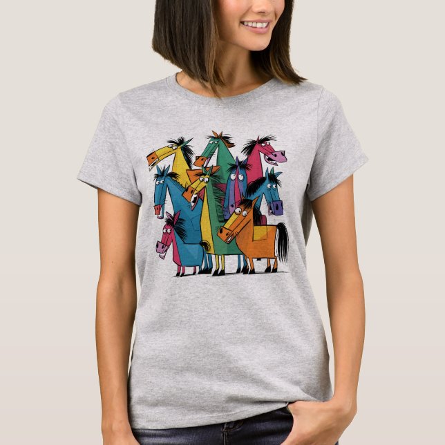 Cute Funny Colorful Horses Abstract Art T-Shirt (Front)