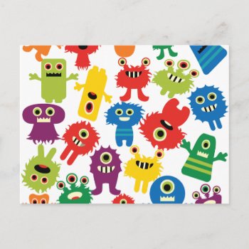 Cute Funny Colorful Monsters Pattern Postcard by PrettyPatternsGifts at Zazzle
