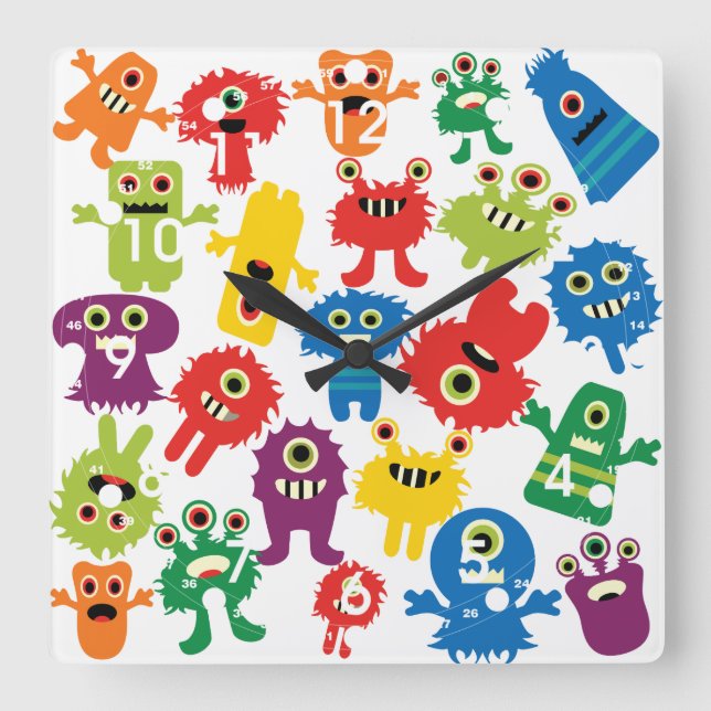 Cute Funny Colorful Monsters Pattern Square Wall Clock (Front)