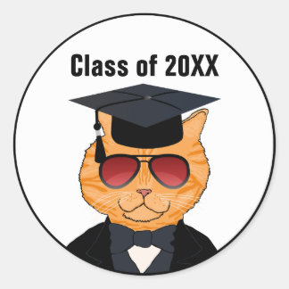 Cute Funny Cool Cat Cartoon Graduation Classic Round Sticker