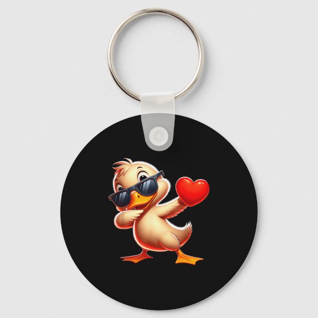 Cute Funny Cool Duck Dabbing Heart Valentines Day  Keychain (Front)