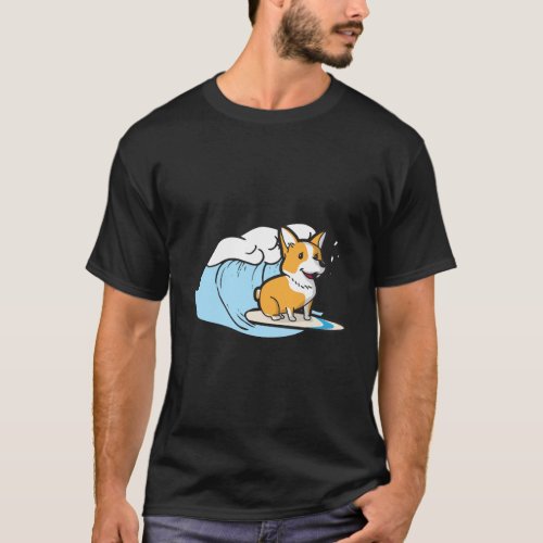 Cute Funny Corgi Dog Surfing Riding Waves Animal L T_Shirt