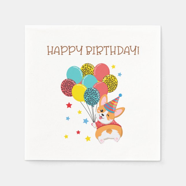 Cute Funny Corgi Happy Birthday Paper Napkin (Front)