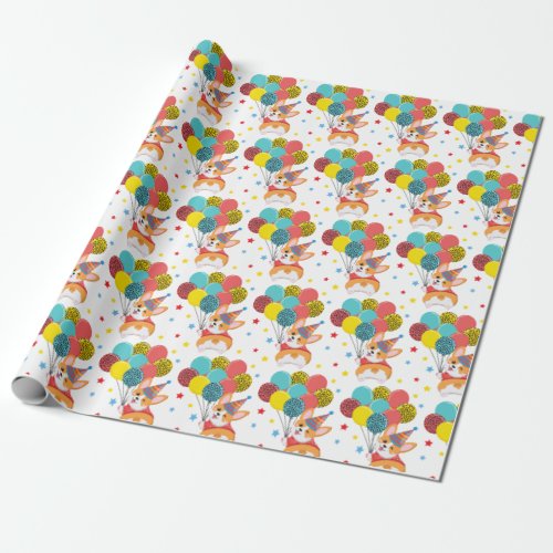 Cute Funny Corgi with Balloons Hat Stars Birthday Wrapping Paper