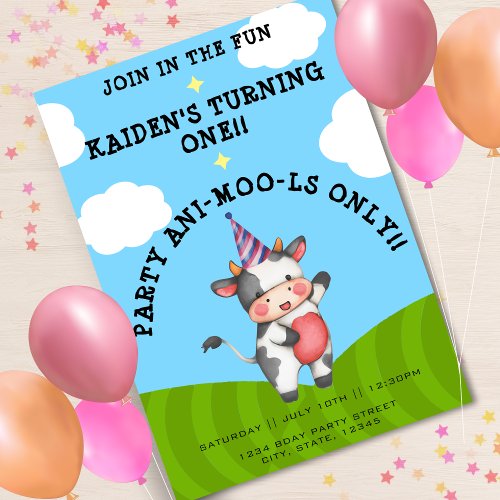 Cute Funny Cow Farm Animal First Birthday Party Invitation