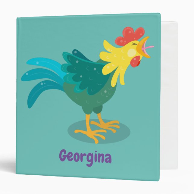 Cute funny crowing rooster cartoon illustration 3 ring binder (Front/Inside)
