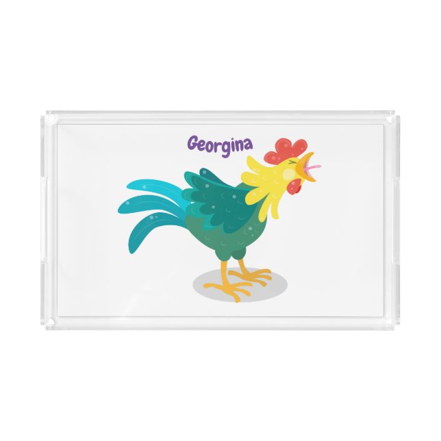 Cute funny crowing rooster cartoon illustration acrylic tray (Front)