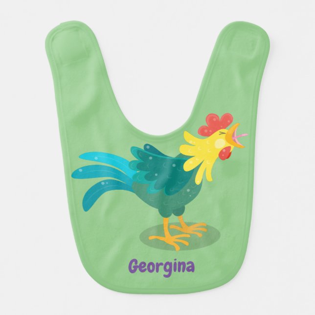 Cute funny crowing rooster cartoon illustration baby bib (Front)