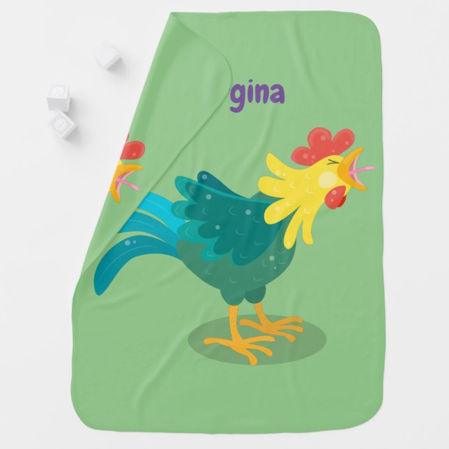 Cute funny crowing rooster cartoon illustration baby blanket (In Situ)