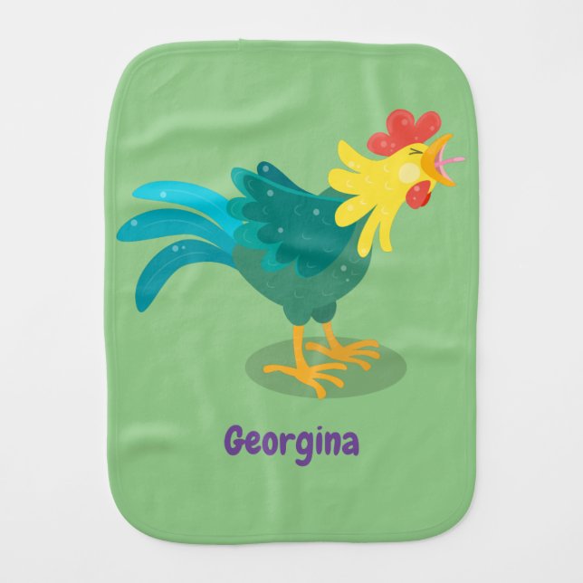 Cute funny crowing rooster cartoon illustration baby burp cloth (Front)