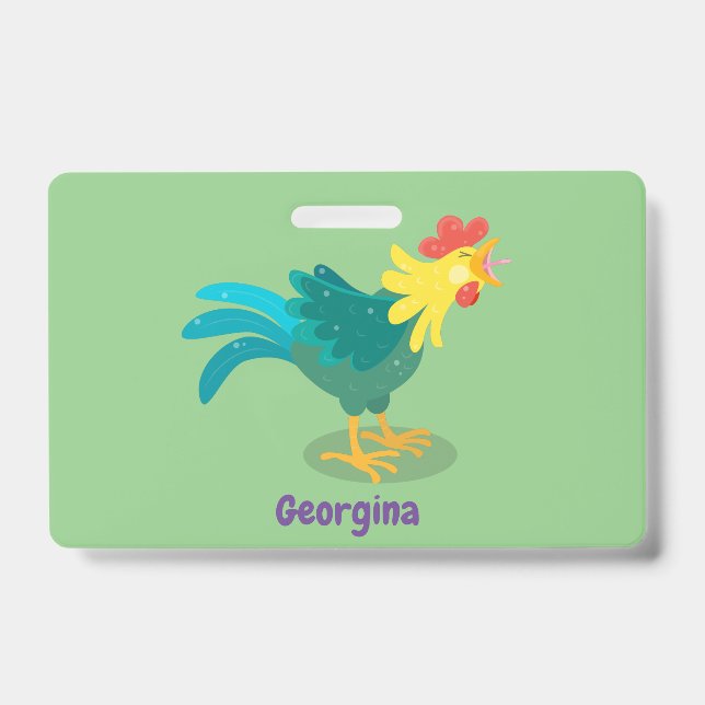 Cute funny crowing rooster cartoon illustration badge (Front)