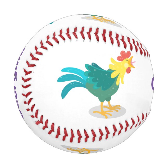 Cute funny crowing rooster cartoon illustration baseball (Front Left)