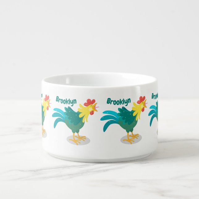 Cute funny crowing rooster cartoon illustration bowl (Center)