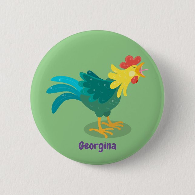 Cute funny crowing rooster cartoon illustration button (Front)