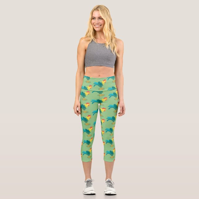 Cute funny crowing rooster cartoon illustration capri leggings (Front)