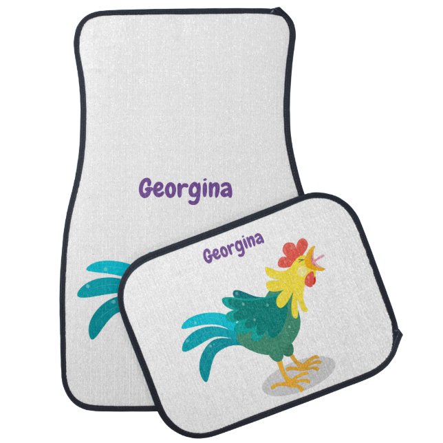 Cute funny crowing rooster cartoon illustration car floor mat (Set)