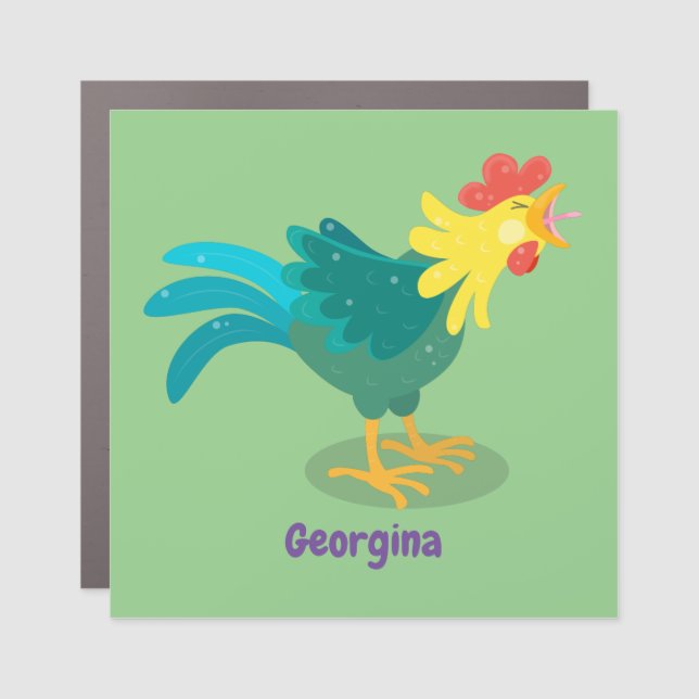 Cute funny crowing rooster cartoon illustration car magnet (Front)
