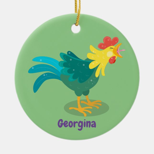 Cute funny crowing rooster cartoon illustration ceramic ornament (Front)