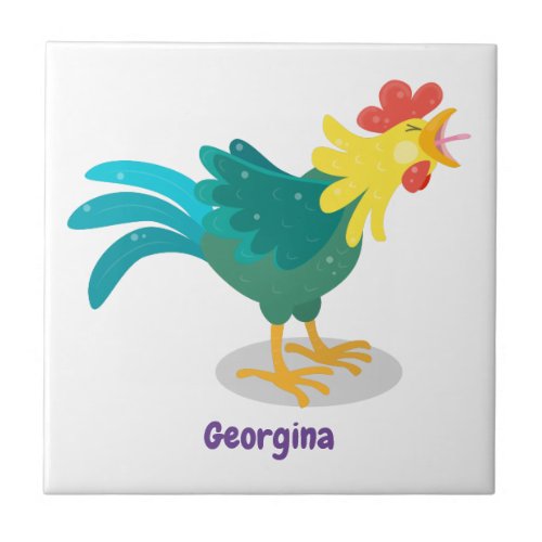 Cute funny crowing rooster cartoon illustration ceramic tile