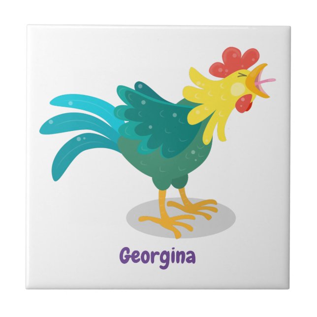 Cute funny crowing rooster cartoon illustration ceramic tile (Front)