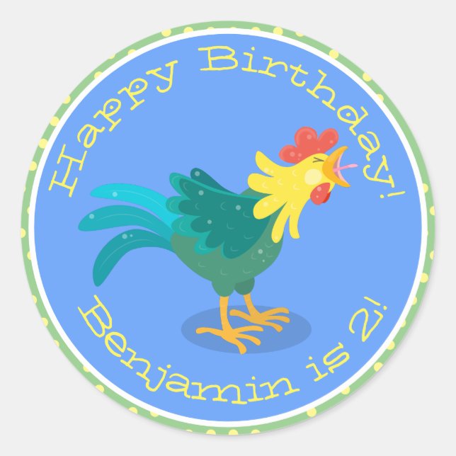 Cute funny crowing rooster cartoon illustration classic round sticker (Front)