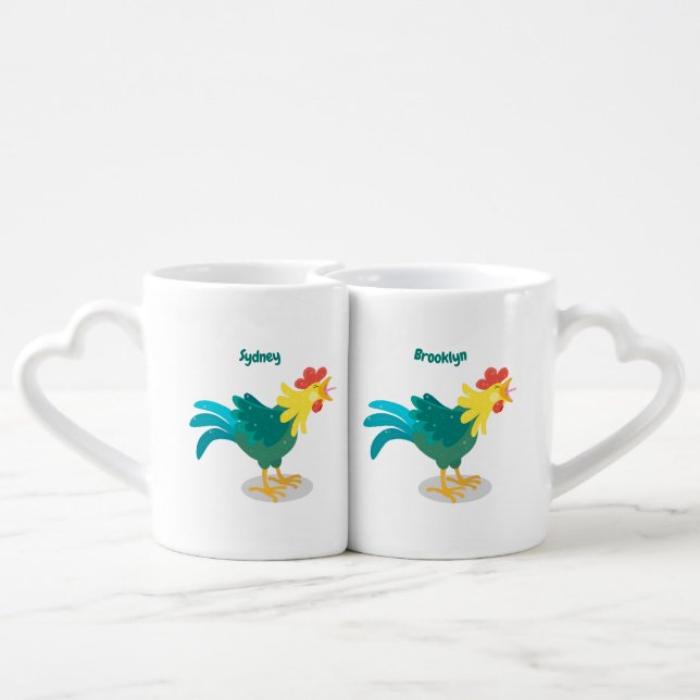 Cute funny crowing rooster cartoon illustration coffee mug set (Back Nesting)