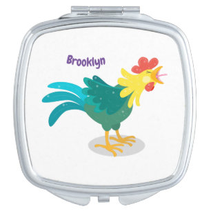 Cute funny crowing rooster cartoon illustration compact mirror
