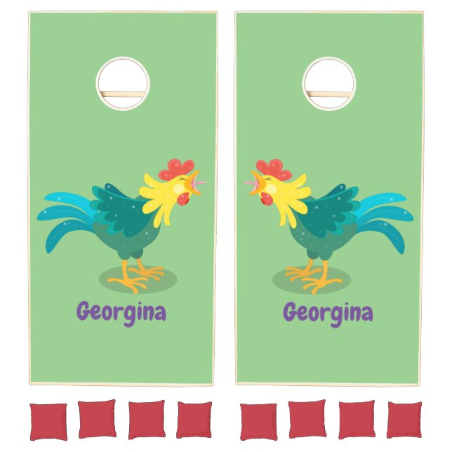 Cute funny crowing rooster cartoon illustration cornhole set (Set)
