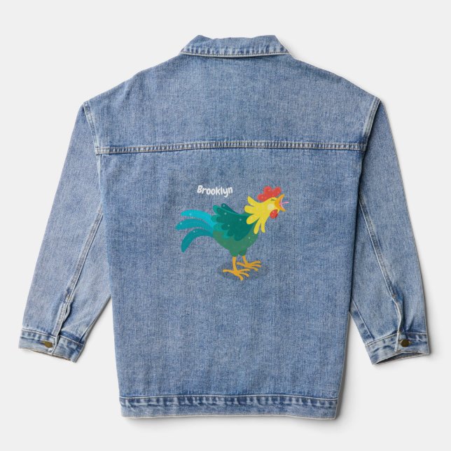 Cute funny crowing rooster cartoon illustration denim jacket (Back)