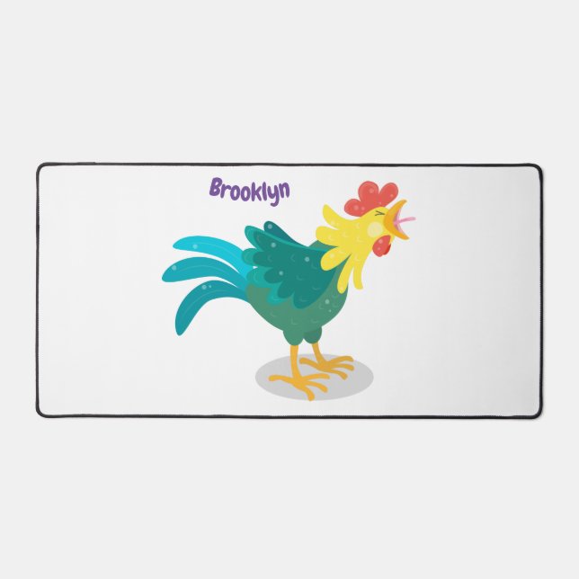 Cute funny crowing rooster cartoon illustration desk mat (Front)