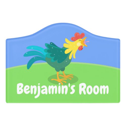 Cute funny crowing rooster cartoon illustration door sign