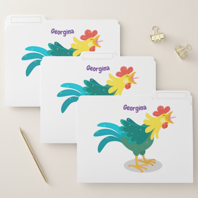 Cute funny crowing rooster cartoon illustration file folder (Set)