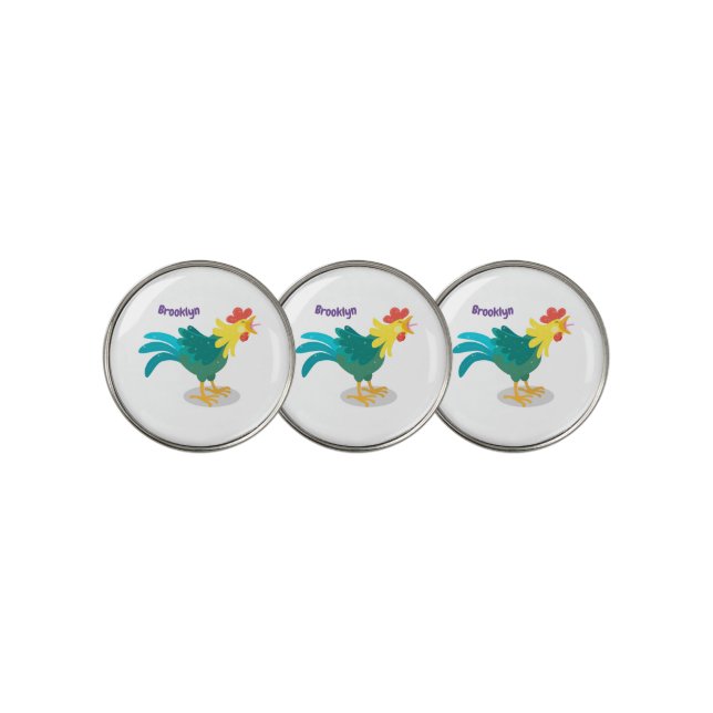 Cute funny crowing rooster cartoon illustration golf ball marker (3 Up)