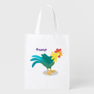 Cute funny crowing rooster cartoon illustration grocery bag