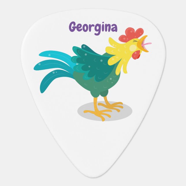 Cute funny crowing rooster cartoon illustration guitar pick (Front)