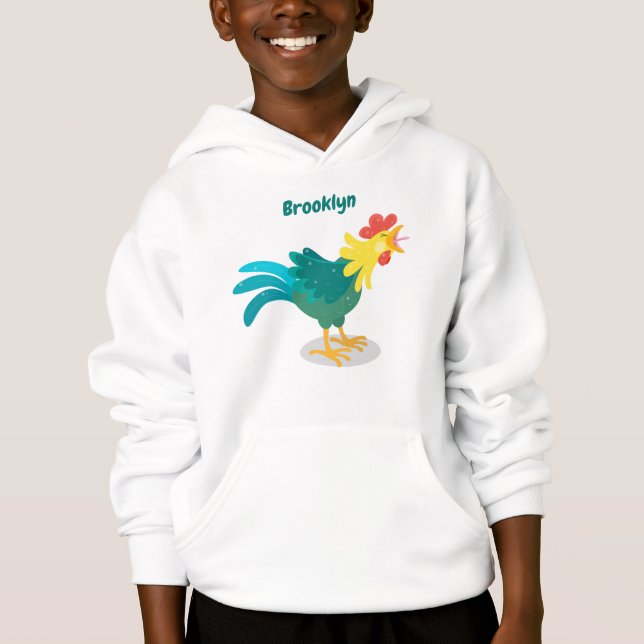 Cute funny crowing rooster cartoon illustration hoodie (Front)
