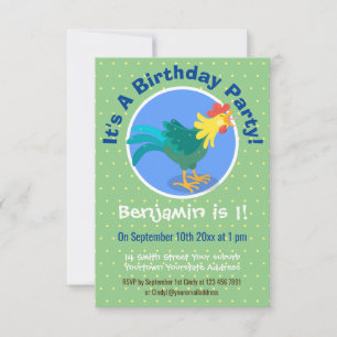 Cute funny crowing rooster cartoon illustration invitation