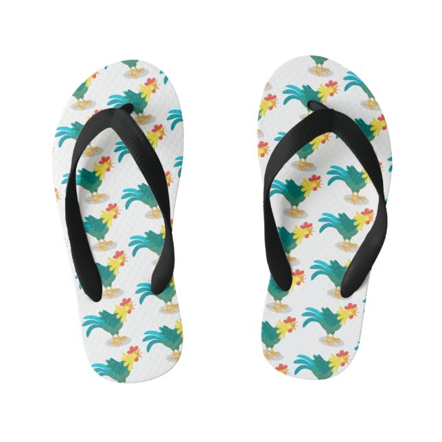Cute funny crowing rooster cartoon illustration kid's flip flops (Footbed)