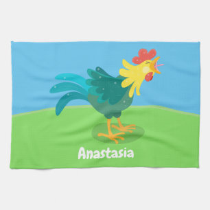 Cute funny crowing rooster cartoon illustration kitchen towel