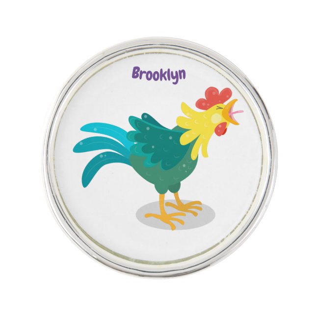 Cute funny crowing rooster cartoon illustration lapel pin (Front)