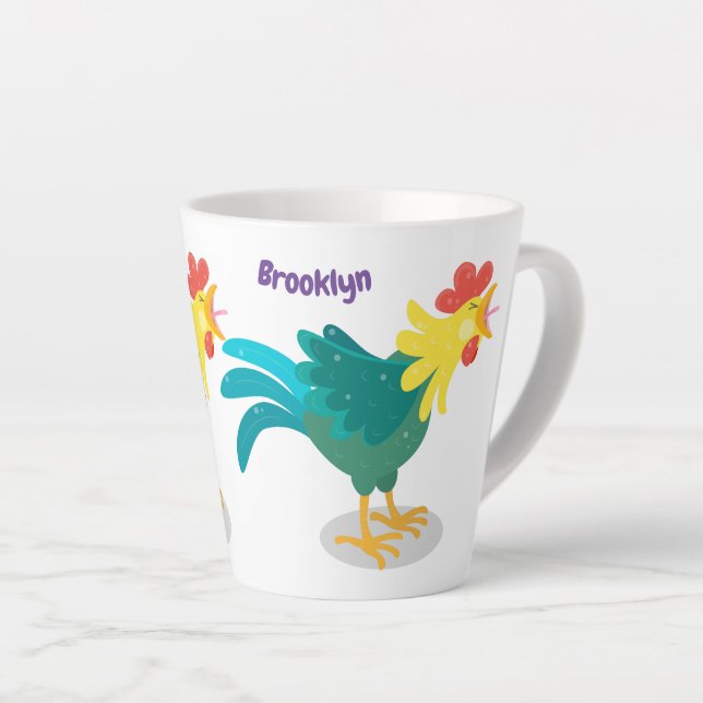 Cute funny crowing rooster cartoon illustration latte mug (Right Angle)