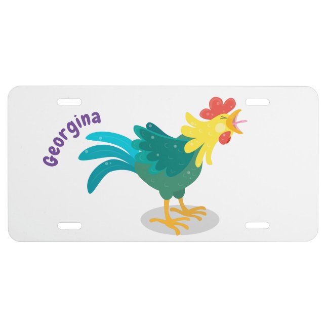 Cute funny crowing rooster cartoon illustration license plate (Front)