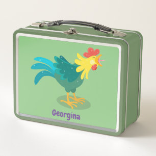Cute funny crowing rooster cartoon illustration metal lunch box