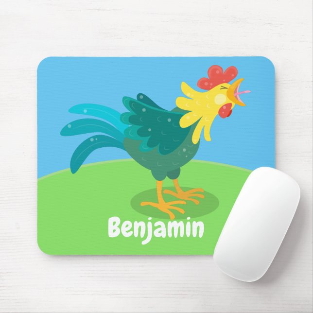 Cute funny crowing rooster cartoon illustration mouse pad (With Mouse)