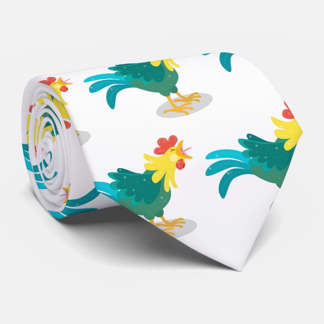 Cute funny crowing rooster cartoon illustration neck tie (Rolled)