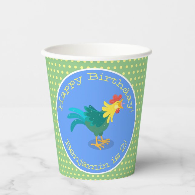 Cute funny crowing rooster cartoon illustration paper cups (Front)