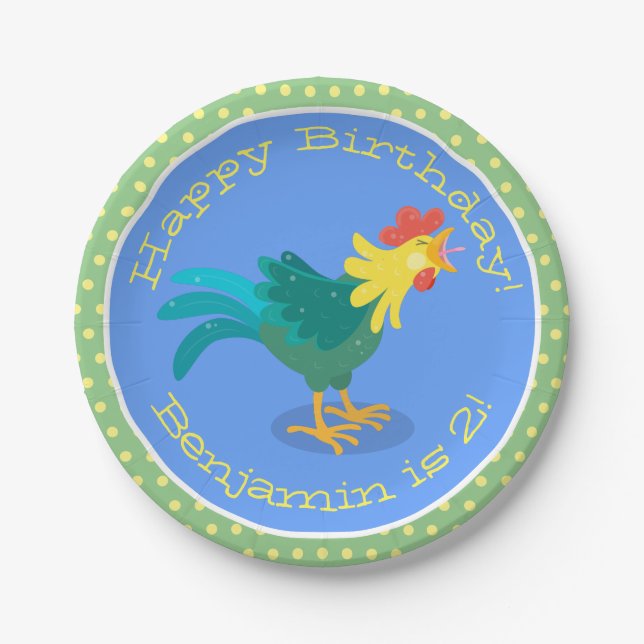 Cute funny crowing rooster cartoon illustration paper plates (Front)