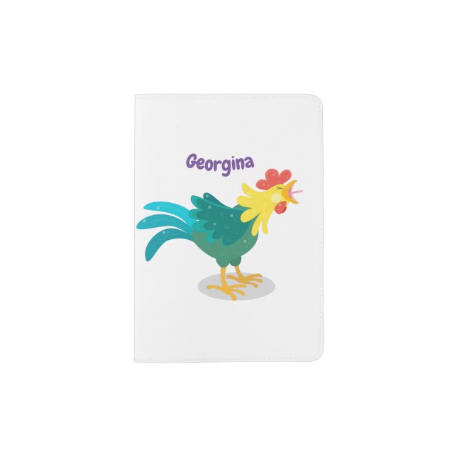 Cute funny crowing rooster cartoon illustration passport holder (Front)